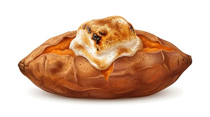 Fototapeta premium Delicious Baked Sweet Potato with Melted Topping and Spices Isolated