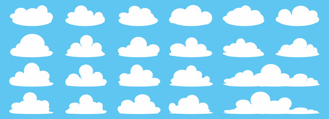 Fototapeta premium set of vector illustrations of clumpy clouds, cloud bubbles in flat style on a blue background 