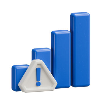 3D Blue Bar Chart with Warning Alert Icon on White Background