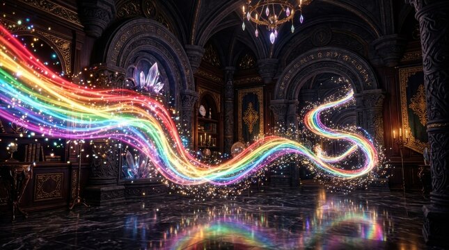 Magical Rainbow Energy Stream in Ornate Dark Hall with Crystals