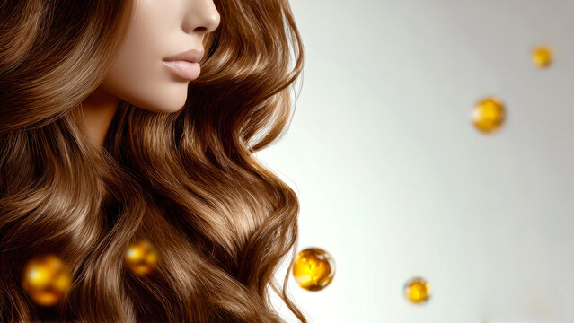 Close-up view of a woman with long wavy brown hair and golden oil drops set against a white background focused on hair growth and skincare