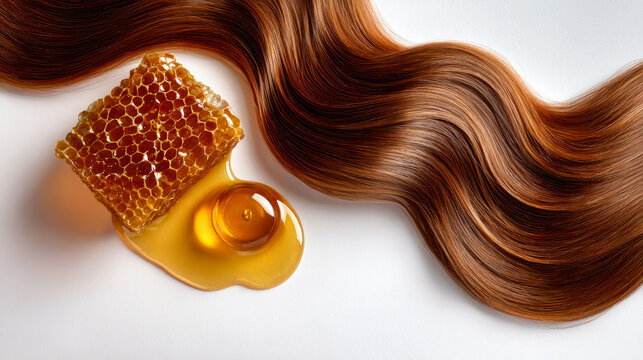 A person spreads liquid honey next to a piece of amber honeycomb on a clean white surface. Hair flows smoothly alongside the honey