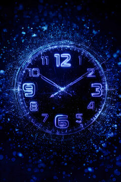 A digital clock with glowing blue numbers shows time in a dark space filled with glowing particles, showcasing a futuristic technology theme