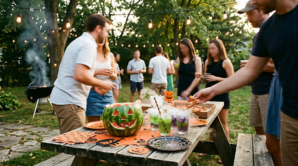 Obraz premium Friends enjoying a lively backyard Halloween party with glowing string lights, food, and drinks around a festive picnic table, creating a warm and memorable social gathering under the evening sky
