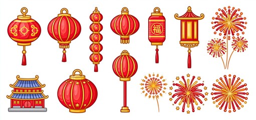 Obraz premium Celebrate Chinese National Day with red and gold festive symbols featuring traditional lanterns and fireworks for cultural events.