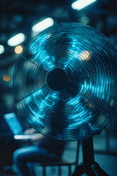 A fan is spinning in a dimly lit room. Blue light highlights the fan's blades. A person is seated nearby, focused on a laptop screen