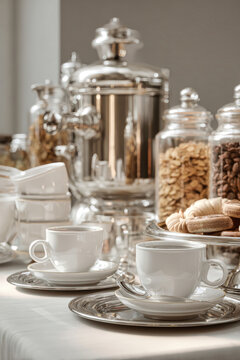 A table is set with white cups and plates. Silver containers hold snacks. Glass jars display nuts and coffee. The scene suggests a social gathering