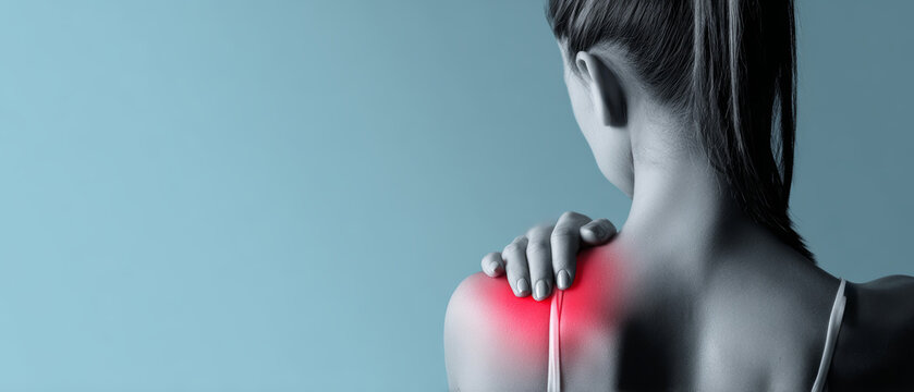 A person stands with their back to the viewer, holding their shoulder with one hand while experiencing discomfort. The background has a blue tone
