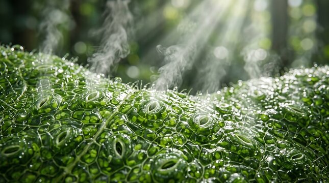 Microscopic close up of green plant leaf stomata releasing water vapor during transpiration in forest sunlight
