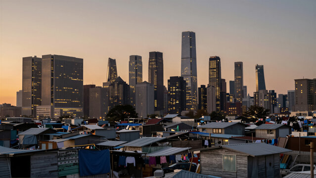 Modern city skyline at sunset contrasting with a foreground of makeshift housing. Urban development and inequality concept in a metropolitan area