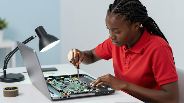 Young technician repairing a laptop motherboard. Focused woman using a screwdriver to fix an electronic device component on a workbench