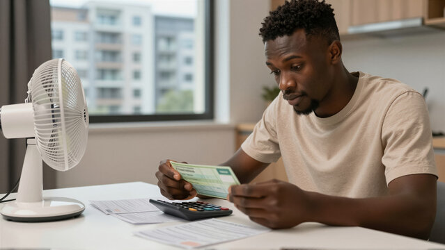 Stressed man checking utility bill at home. A person managing household budget with electric fan for relief during summer