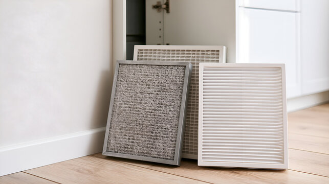 Dusty old furnace filter beside a clean new one before winter