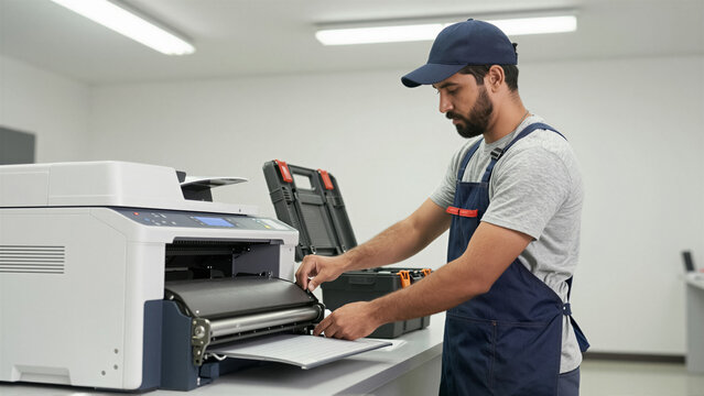 Professional technician repairing a printer. Skilled worker in uniform performing office equipment maintenance and service
