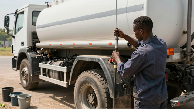A professional fuel tanker driver inspecting the truck equipment. An African male worker checks the nozzle before transport service