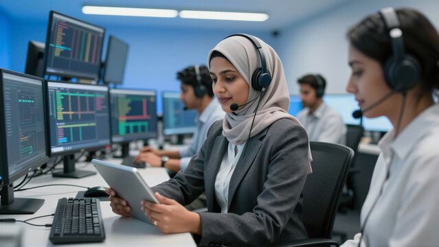 A dedicated customer support agent wearing a hijab using a tablet in a busy call center office. Professional team working at computer workstations