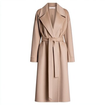 Beige luxury cashmere wool coat appears on a white background using ghost mannequin editing.