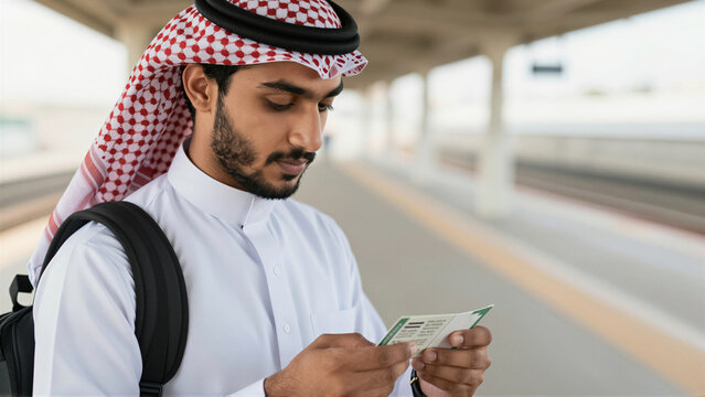 Young Arab man wearing a traditional kandura holding a travel ticket at a train station platform. He is waiting for a journey