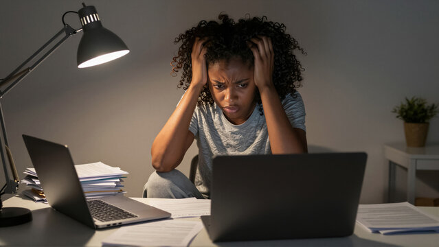 Stressed woman working on laptop at night. Overwhelmed young female feeling burnout from exhausting office workload