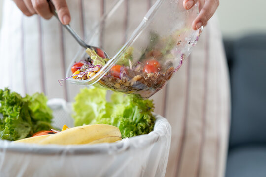 Food waste environment concept, people throwing food garbage into bin prepare to decompose