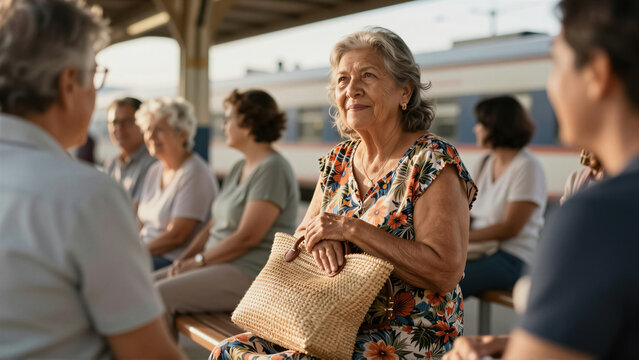Senior woman with handbag sitting at a train station. Diverse group of mature people waiting on a platform