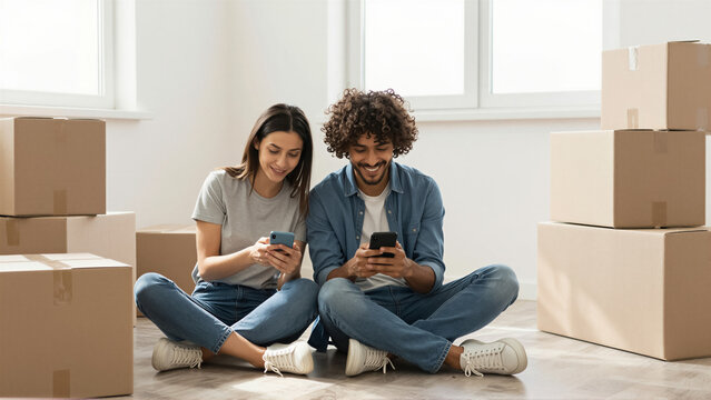 Happy couple sitting on floor using smartphone in new home. Young man and woman relaxing surrounded by cardboard moving boxes