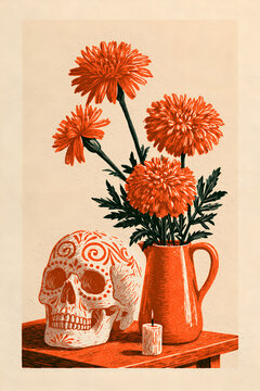 Linocut print of a decorated sugar skull beside marigolds