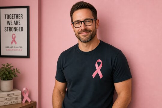 Pink ribbon breast cancer awareness portrait, smiling man in navy t-shirt, healthcare support campaign image