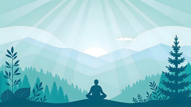 Meditating person sitting in peaceful mountain nature landscape illustration presented as clean icon on transparent background