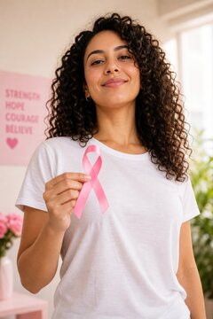 Confident young woman holding pink ribbon, breast cancer awareness support portrait, white t-shirt lifestyle photo