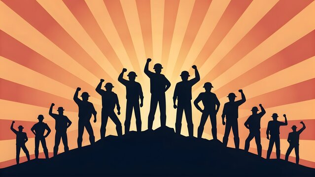 Silhouetted diverse workers standing together on a hill showing unity and strength on transparent background