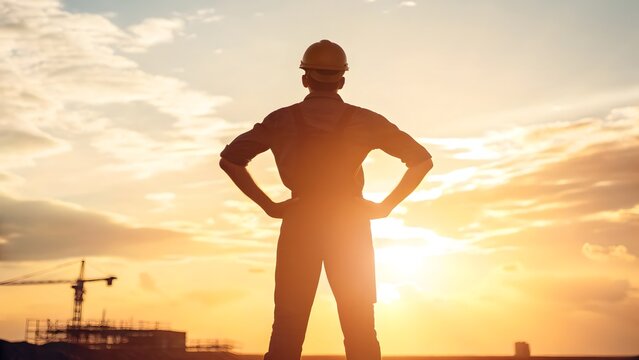 Construction engineer standing with hands on hips watching beautiful sunset over industrial development on transparent background