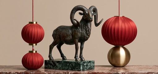 Obraz premium Festive red and gold lanterns highlight a bronze ram figurine on marble, symbolizing the 2027 zodiac and Lunar New Year.