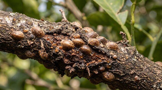 Close-up shot of brown scale insect pests infesting a tree branch, causing agricultural damage