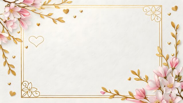 Elegant rectangular golden frame decorated with pink magnolia flowers and small hearts on transparent background