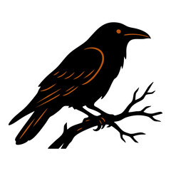 Fototapeta premium Black raven bird sitting on a dry wooden branch illustration