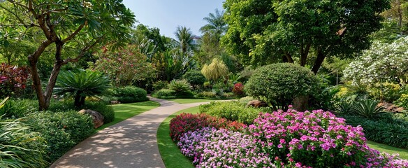 Obraz premium Exotic plants and colorful flowers fill a peaceful botanical garden ideal for nature enthusiasts and visitors.