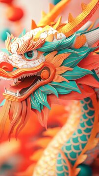 Vibrant oriental dragon sculpture with intricate details in red and green.
