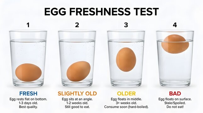 Educational infographic showing the water float test to determine the freshness of chicken eggs in glass jars