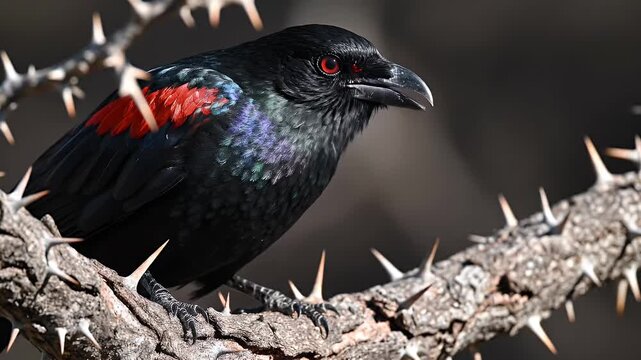 Close-up of a striking red-winged blackbird perched on a thorny tree branch in natural sunlight