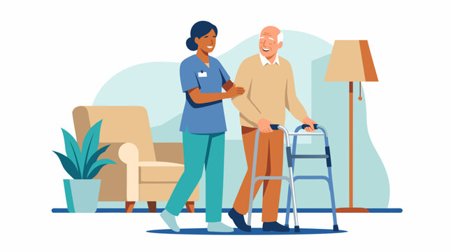 caregiver vector senior elderly mobility walker assistance home healthcare compassion supporting an older man during movement represents aging dignity rehabilitation family care and accessible living