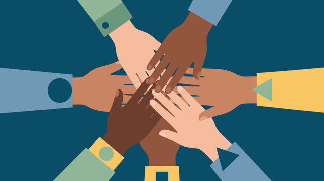 teamwork diversity hands unity collaboration vector inclusion community partnership support presents diverse colleagues stacking palms together for solidarity belonging and cooperation campaigns