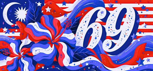 Obraz premium Festive Malaysia Independence Day 2026 design showcasing the national hibiscus, bright colors, and celebratory typography.