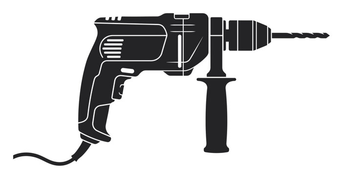 Electric power drill vector icon, black silhouette of rotary hammer tool, industrial construction equipment for home renovation