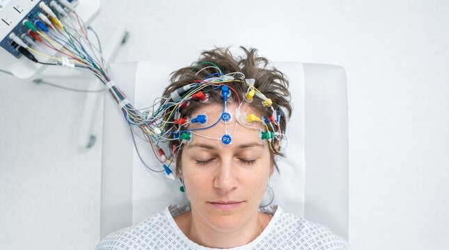 top view of female patient lying down with eeg cap and cables connected to brain wave monitoring equipment in hospital