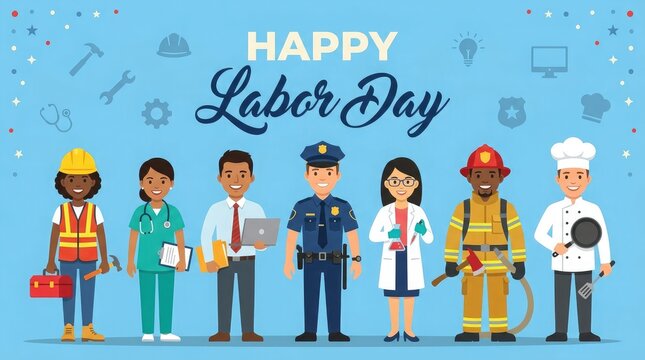A vibrant labor day illustration showcases a diverse group of workers celebrating with colorful designs representing many different professions and careers