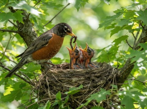 An adult bird feeding an earthworm to its hungry chicks in a nest built within the branches of a tree during the springtime.