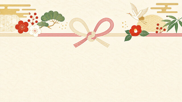 Traditional noshi gift wrapping motif with mizuhiki - japanese new year gift and greeting flat design illustration banner with copy space