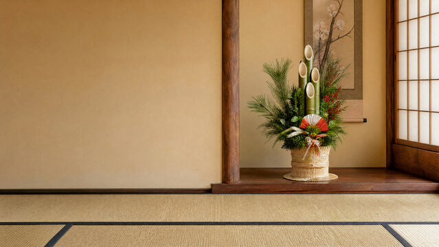 An elegant japanese tatami room decorated for new year - japanese new year home tradition banner with copy space