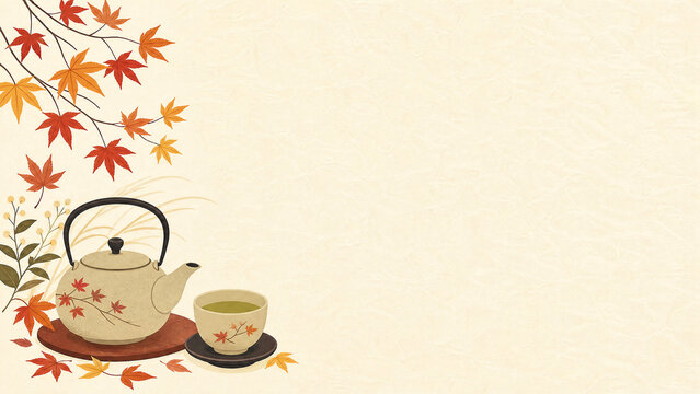 Traditional japanese teapot and cup with autumn leaves - respect for the aged day relaxation flat design illustration banner with copy space